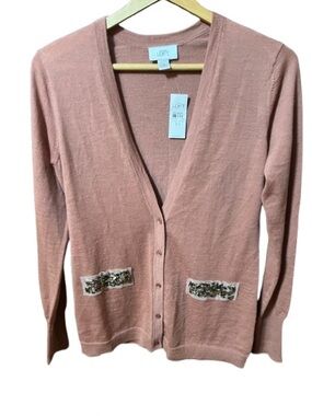 NWT LOFT Dusty Rose Embellished V-Neck Wool Blend Cardigan Size Medium